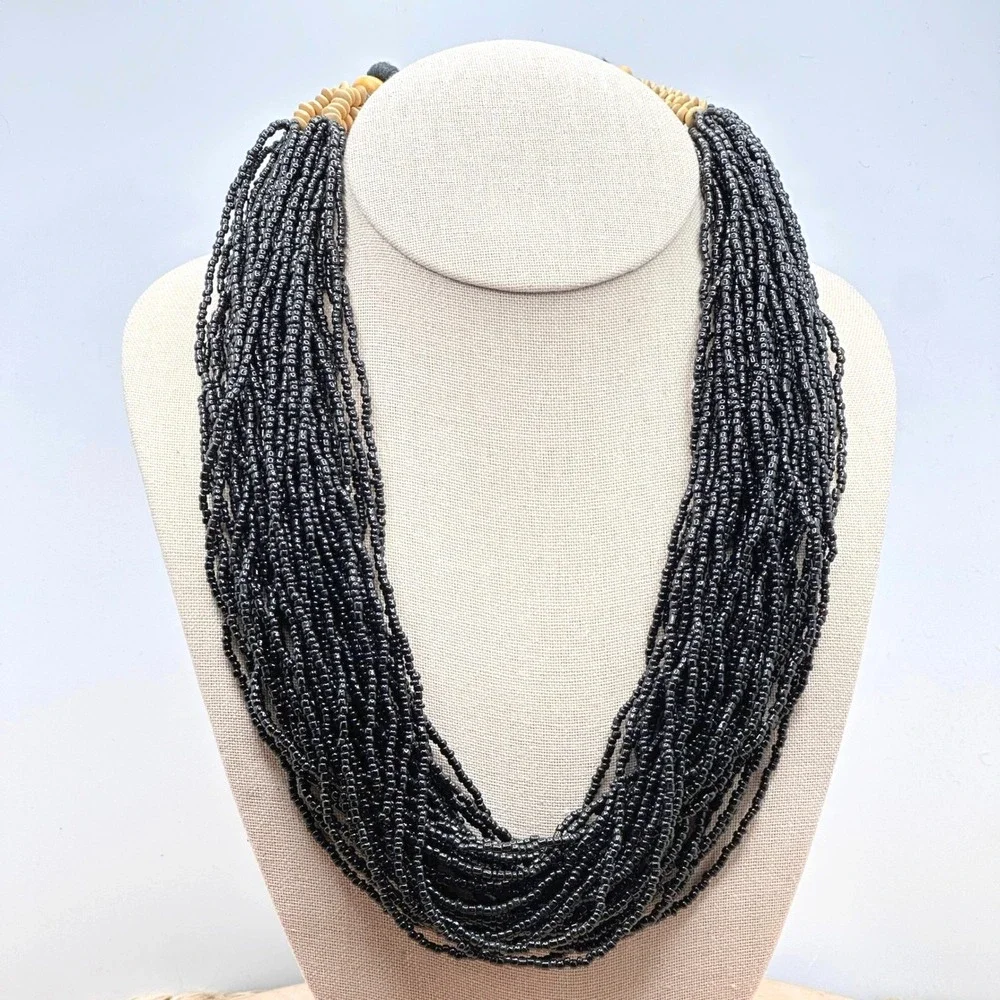 Vintage 70s Black Seed Bead Waterfall Necklace Multi Strand Boho Layered Collar - Picture 2 of 5